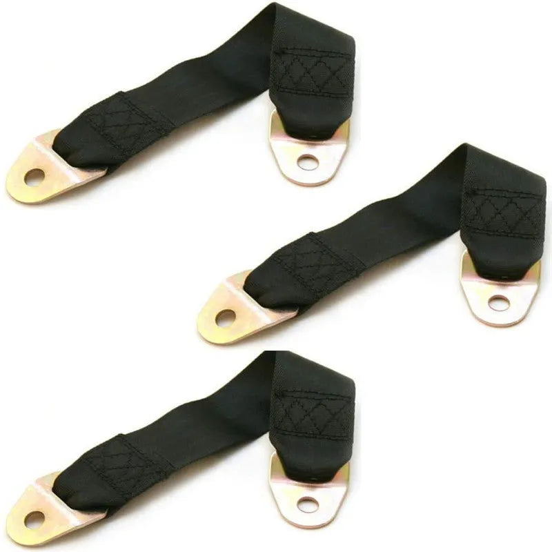 Universal door latch and stop belt with polyester fixing strap, metal buckle, and mounting screws
