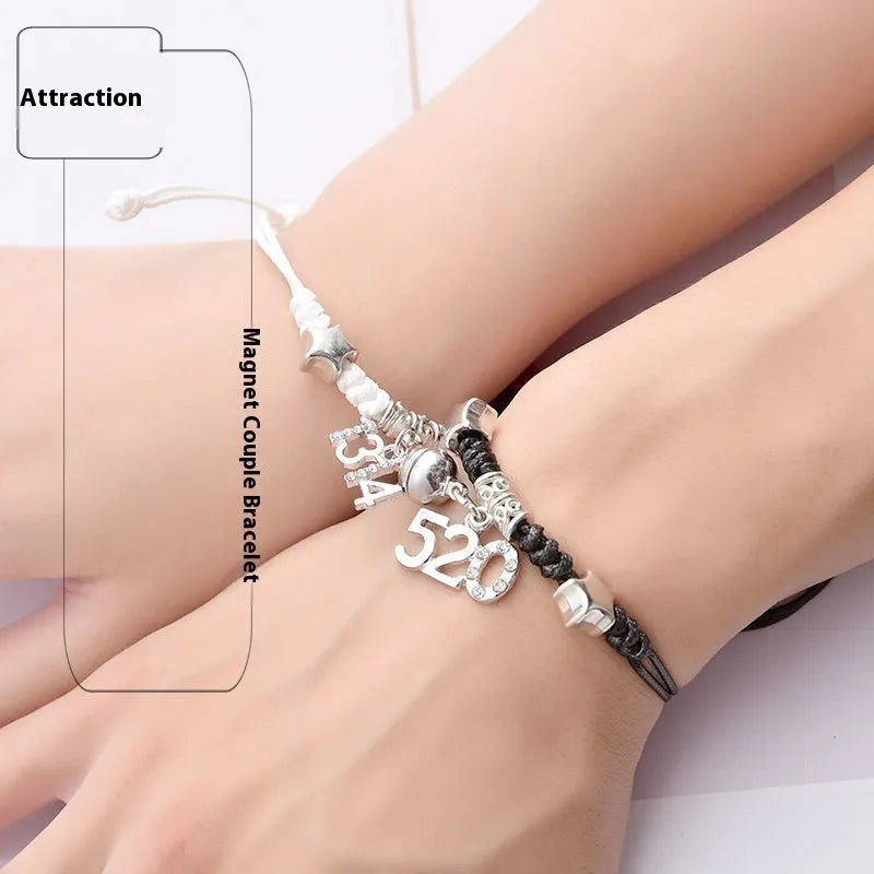 Magnetic couple bracelet pair in alloy with electroplated finish showing I love you design and crown style options