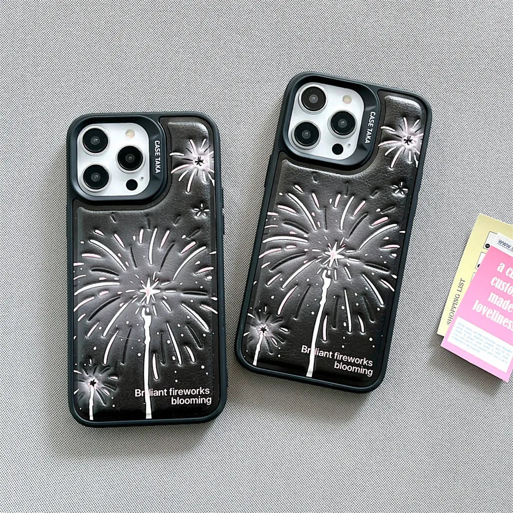Leather embossed TPU phone case for iPhone 12-15 with colourful fireworks design, transparent back, and precise cutouts