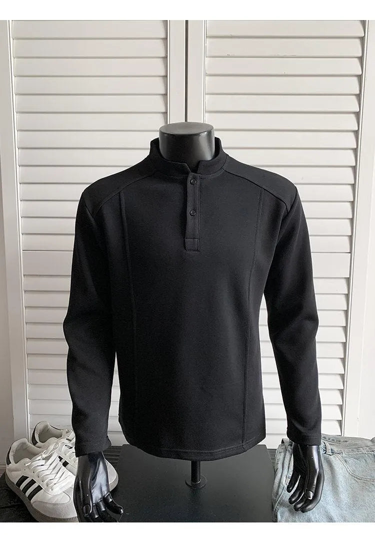 Men's grey asymmetric patchwork polo shirt with a stand-up collar, long sleeves, and a loose fit.