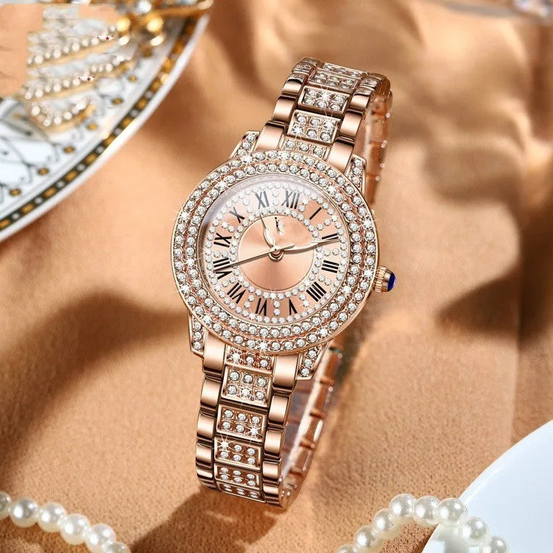 Women's quartz watch with 32mm dial, steel bracelet, Roman numeral face, and butterfly clasp