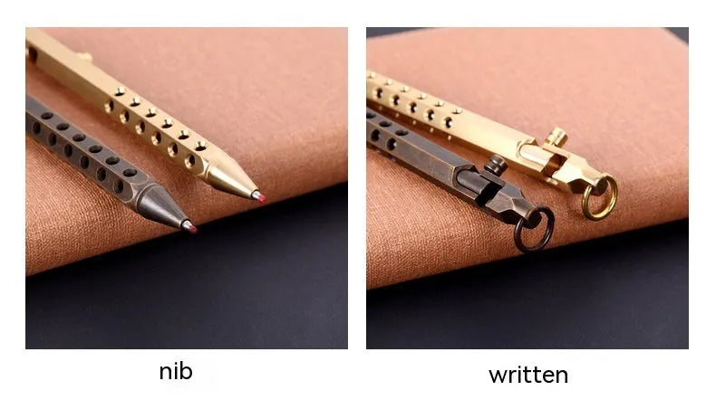 Brass hexagonal bolt action rollerball pen showing six-angle barrel and bolt mechanism