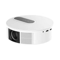White 720p HD home theatre projector with remote control on a table.