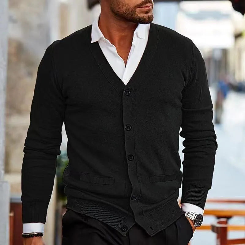 Men's slim fit acrylic cardigan sweater coat shown in creamy-white colour on a hanger.