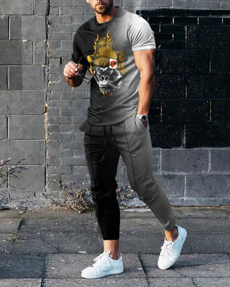 Man wearing a thin, short-sleeve polyester blend pullover and matching trousers from a sports tracksuit set.