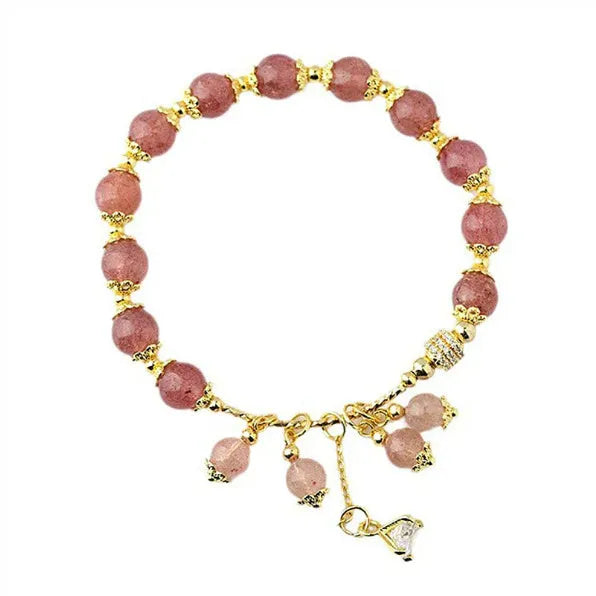 Pink strawberry quartz crystal women's bracelet with heart-shaped charm and pearl accents