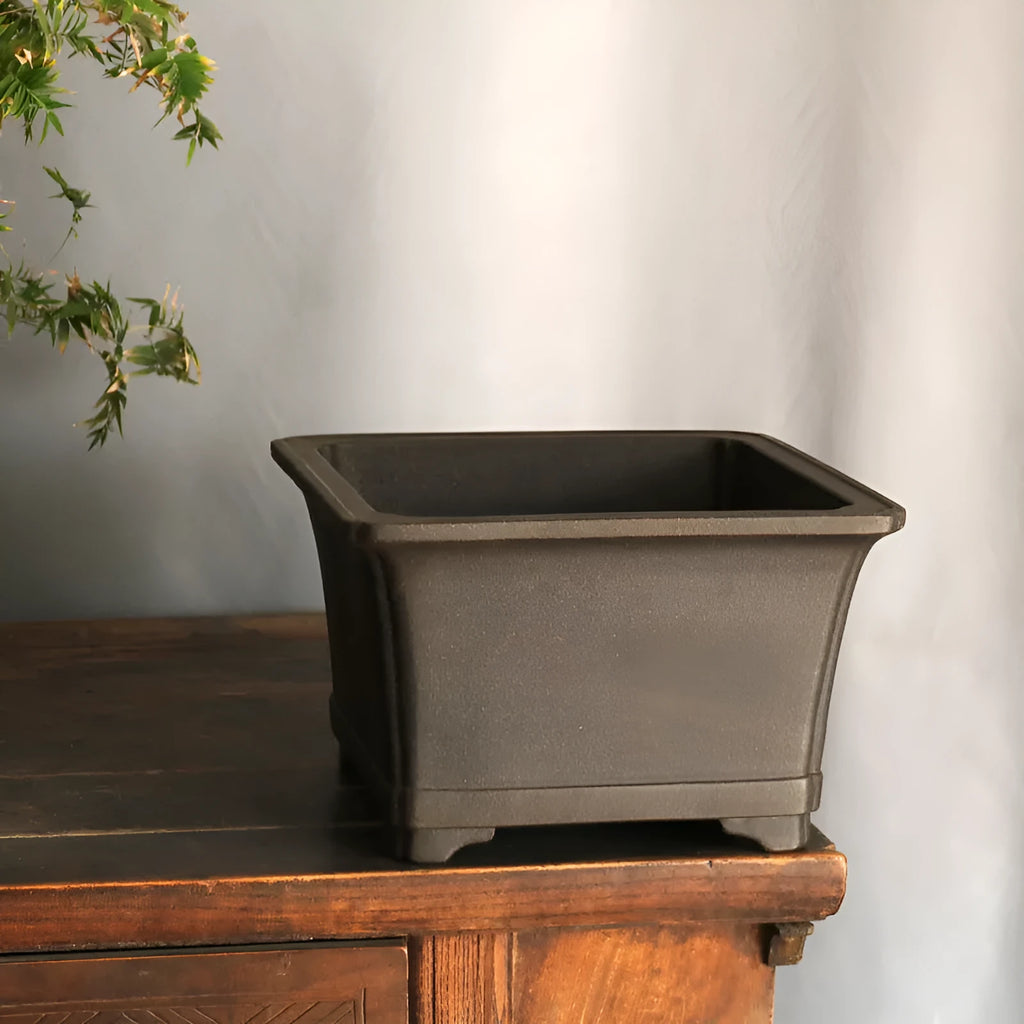Purple sand square high basin handmade flower pot with black ancient copper clay finish for indoor or balcony use