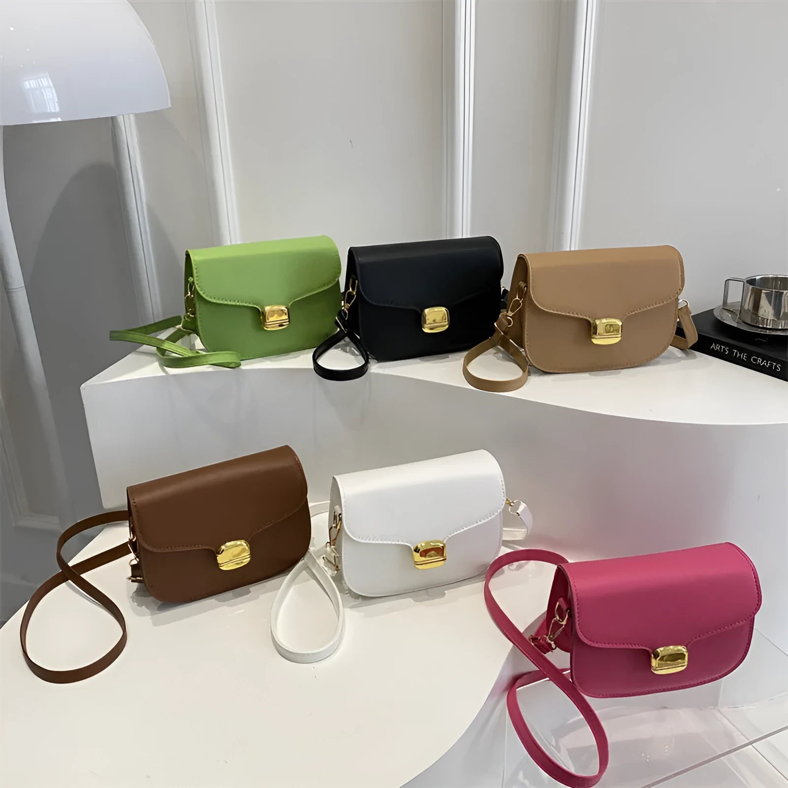 Simple PU leather women's handbag showing internal zipper pocket and phone compartment