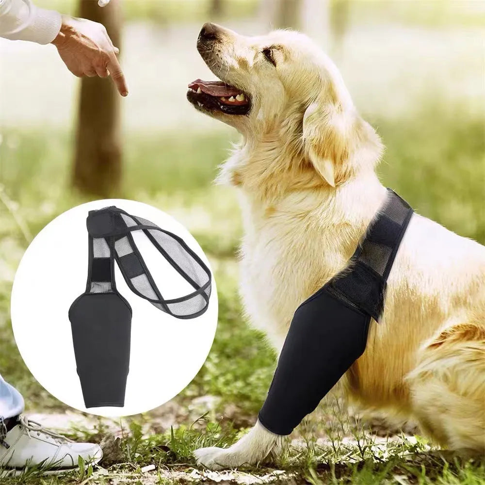 Dog leg support protector made of diving cloth and mesh with adjustable Velcro strap, shown on a dog's leg.