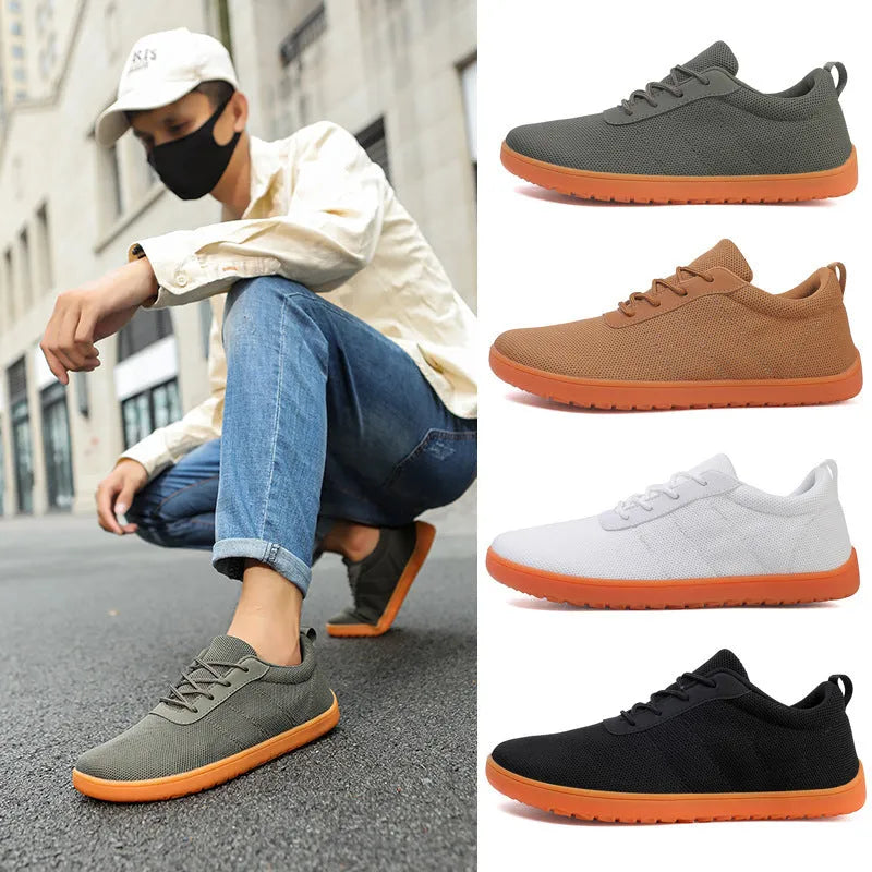 Men's black wide toe walking shoes with flyknit upper and lace-up front
