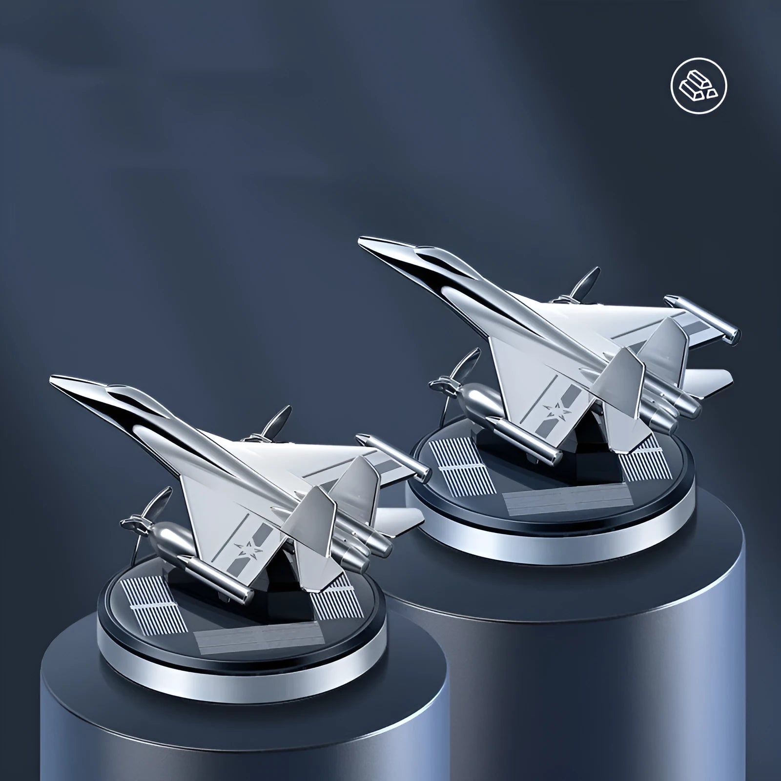 Solar powered rotating fighter aircraft perfume ornament in silver, gold, blue, or red colour.
