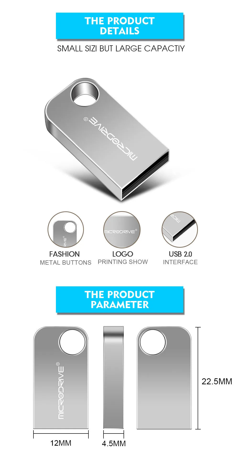 Silver grey 16GB mini USB flash drive with metal rotation cover on a dark background