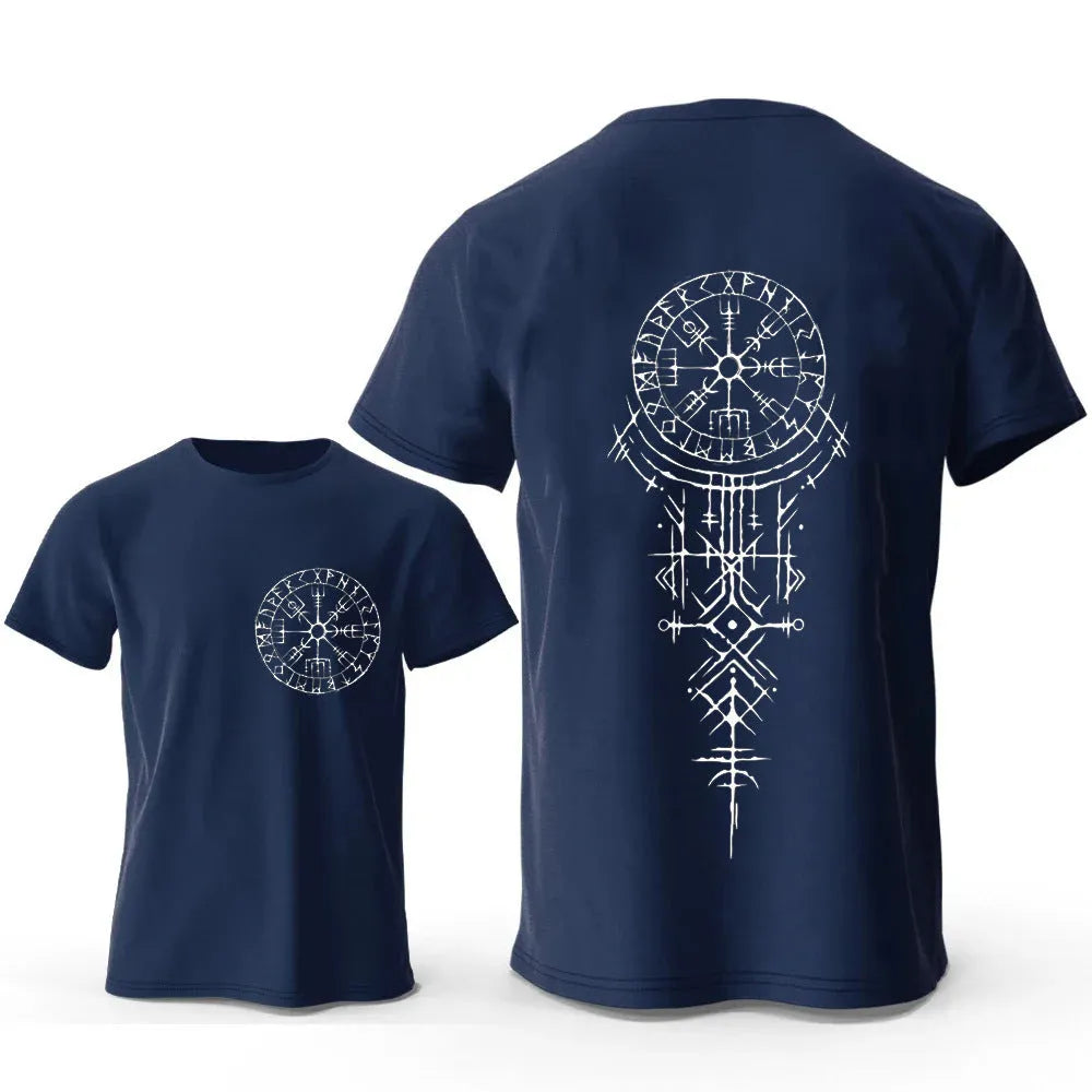 Men's Viking rune compass graphic T-shirt on pure cotton with smiling face design