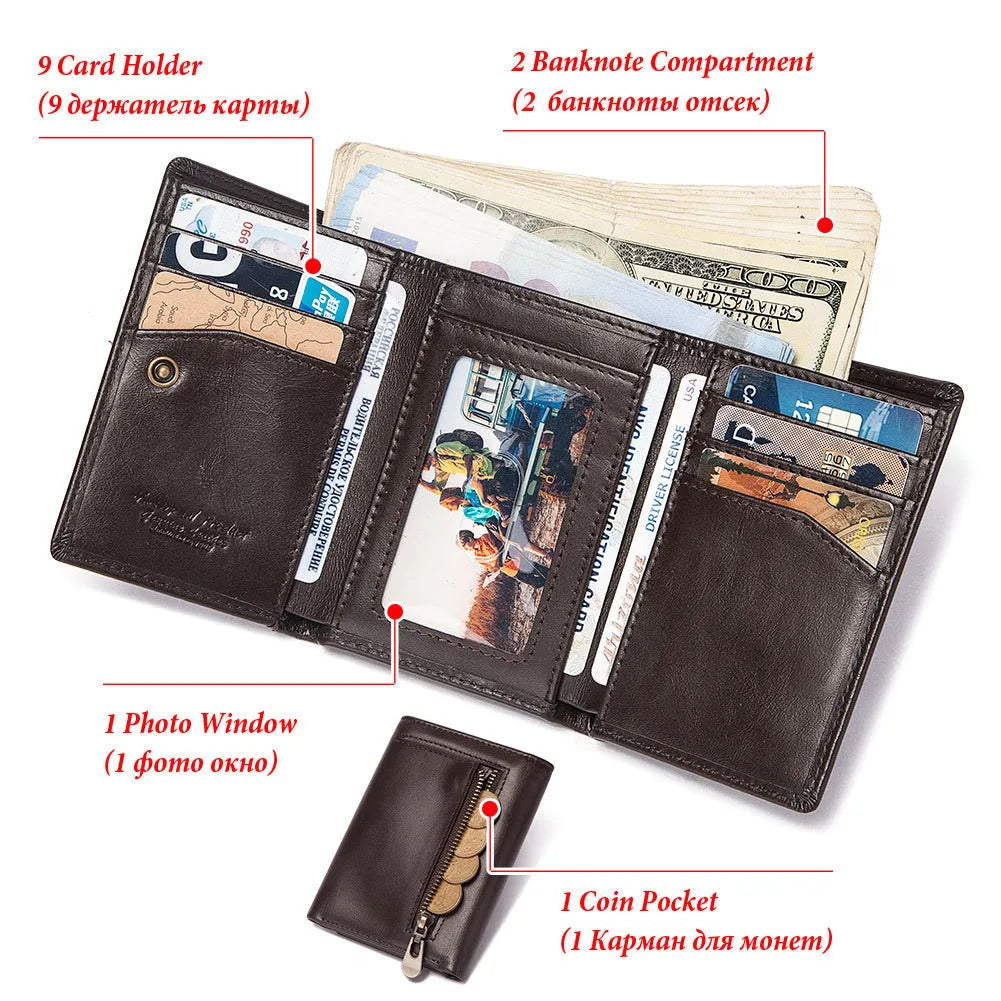 Multi-slot men's genuine leather zipper bag coin purse in brown with visible stitching and metal zipper