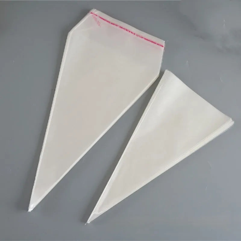 Clear triangular OPP plastic packaging bag with a twisted metal wire tie sealing the top.