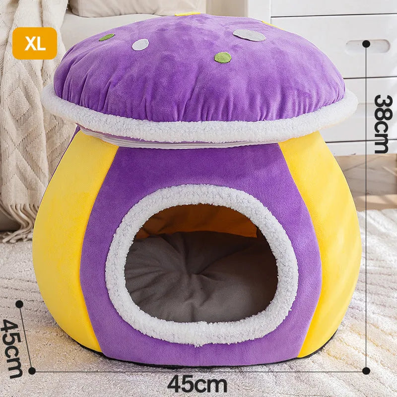 Mushroom-shaped cat bed with detachable plush blanket in grey, pink or purple colour