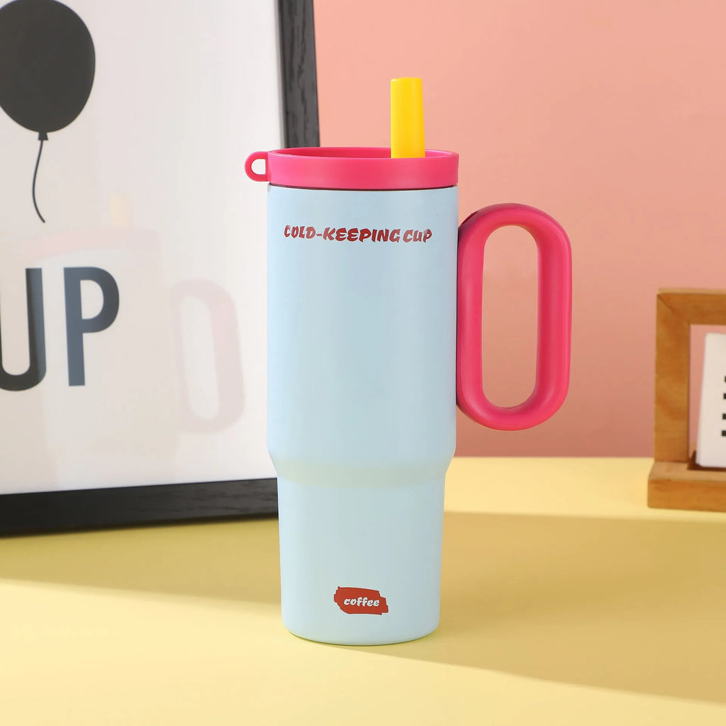 Portable large capacity insulated drink cup with handle in multiple colour options.