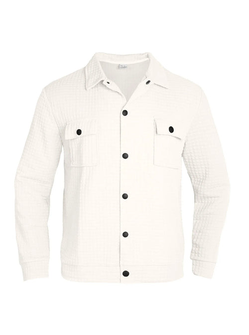 Men's casual jacquard checkered loose knit polyester cardigan shirt in gray, long sleeves, grid pattern