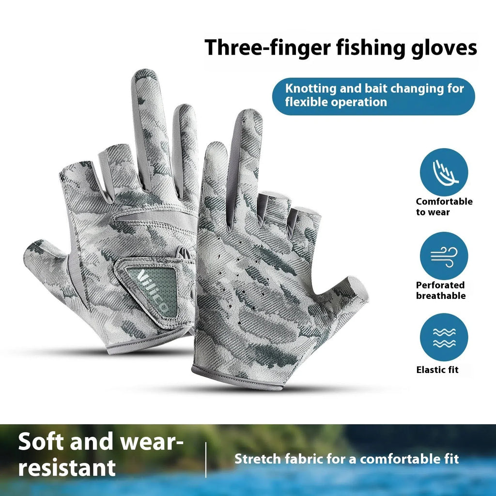Exposed three-finger fishing gloves in black or gray, polyester non-slip summer sun protection, sizes M and L