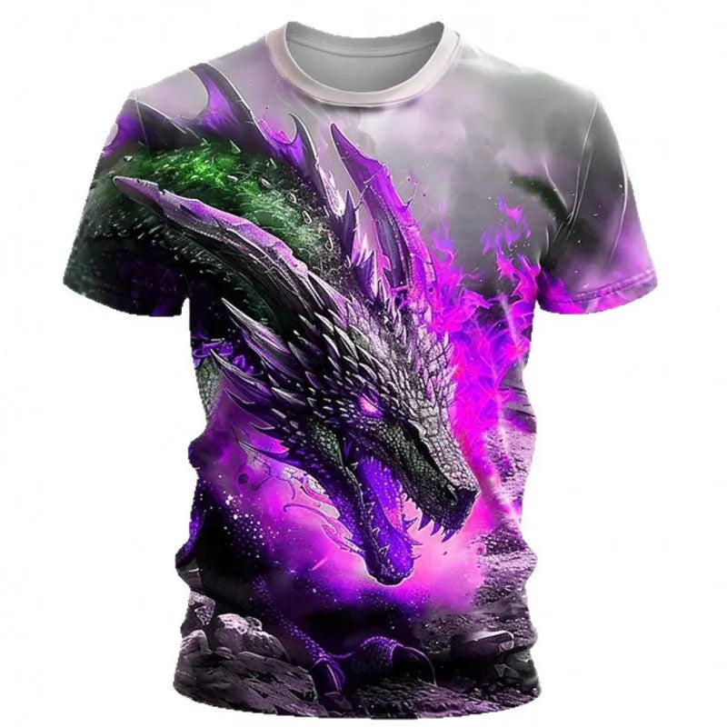 Men's grey t-shirt with a large, colourful 3D wind dragon print across the chest.