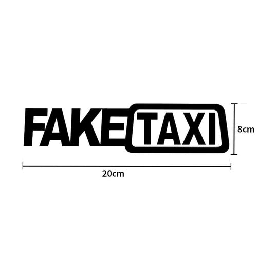 Waterproof black FAKE TAXI car sticker on a vehicle windshield, showing 20x8cm size.