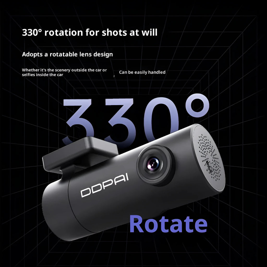 Mini Lite 1296p driving recorder with starlight night vision, 140-degree lens, and microUSB port on a car windscreen
