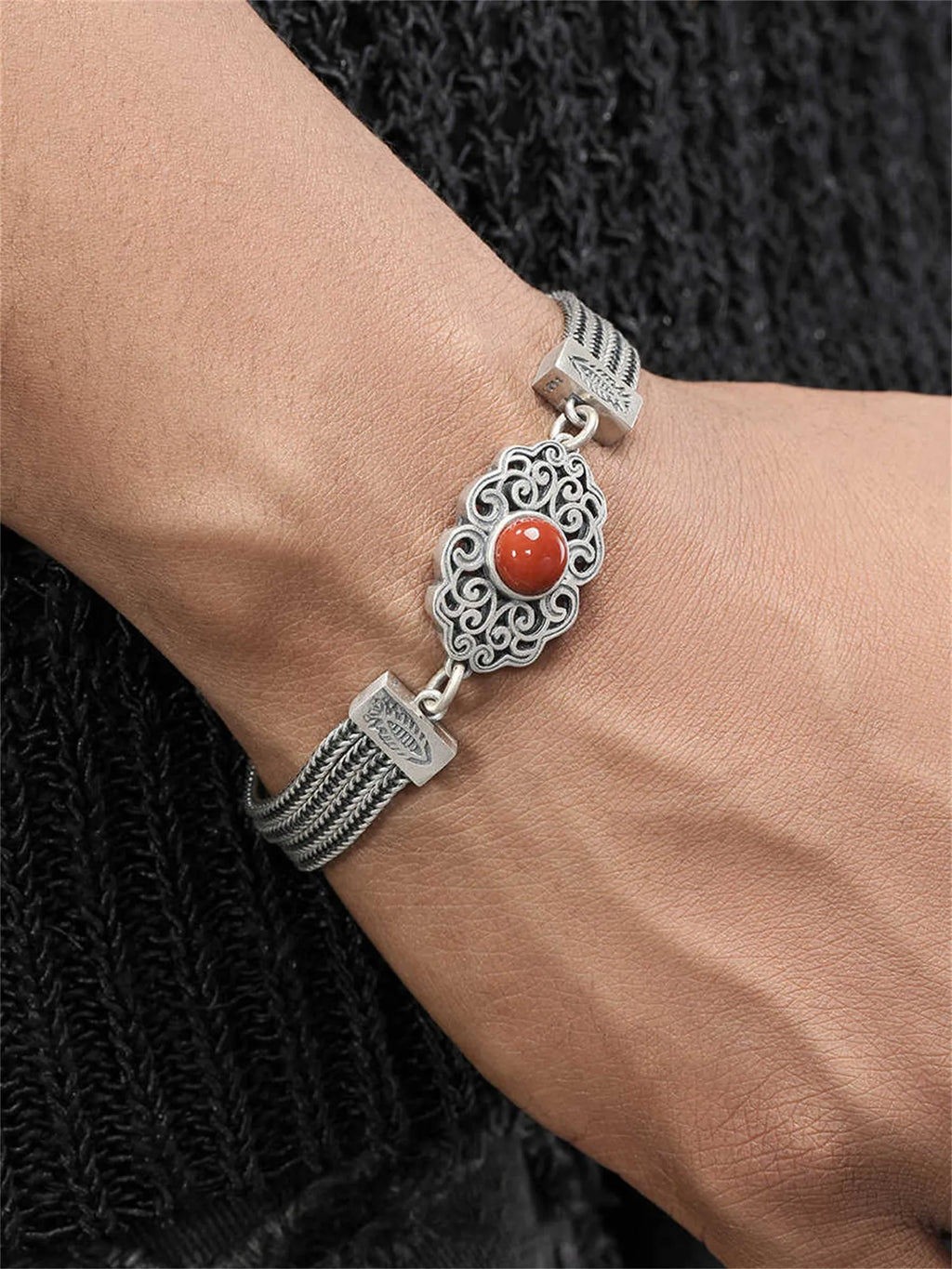 925 sterling silver vintage bracelet with gem inlay, celestial star and moon pattern, 17cm with 4cm extended chain, Xiangyun style