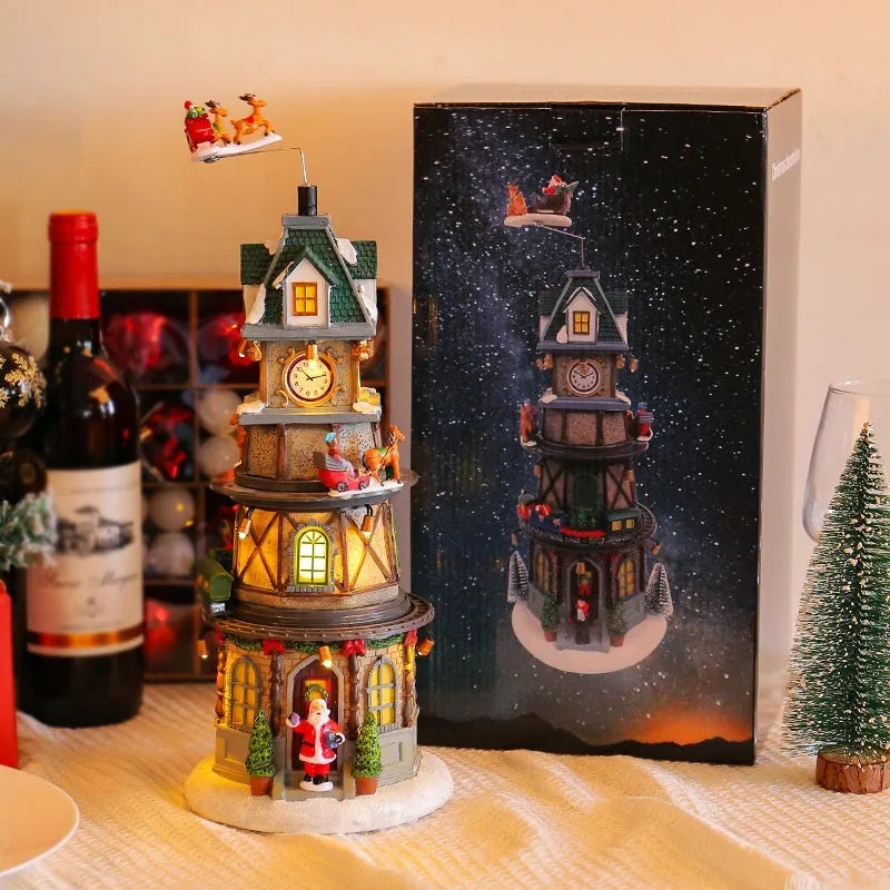 Christmas resin luminous rotating music box decoration, 32cm high bell tower ornament with music and battery base