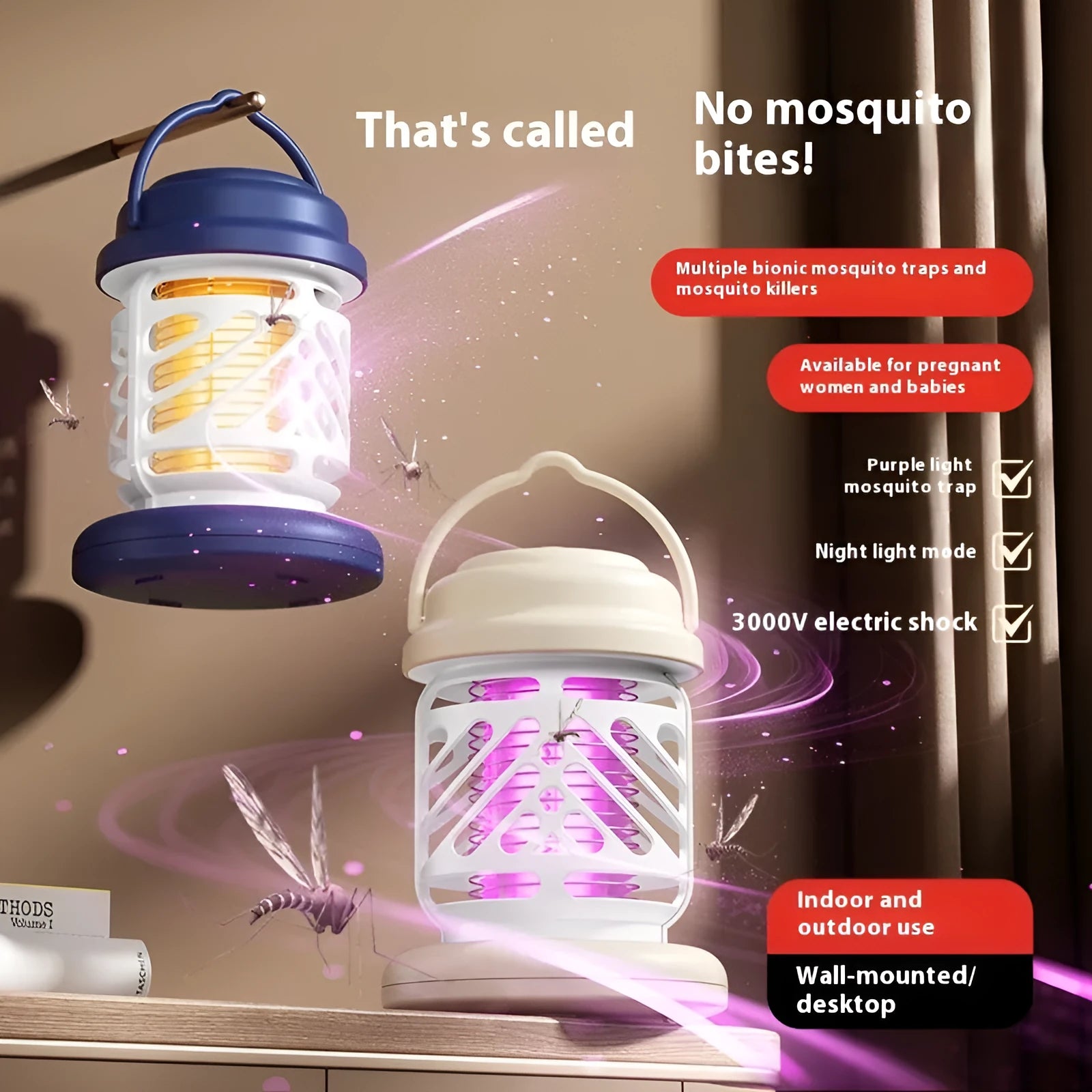 Outdoor mosquito killing lamp in beige with rechargeable 1200 MAh battery for 20-50 square metre coverage