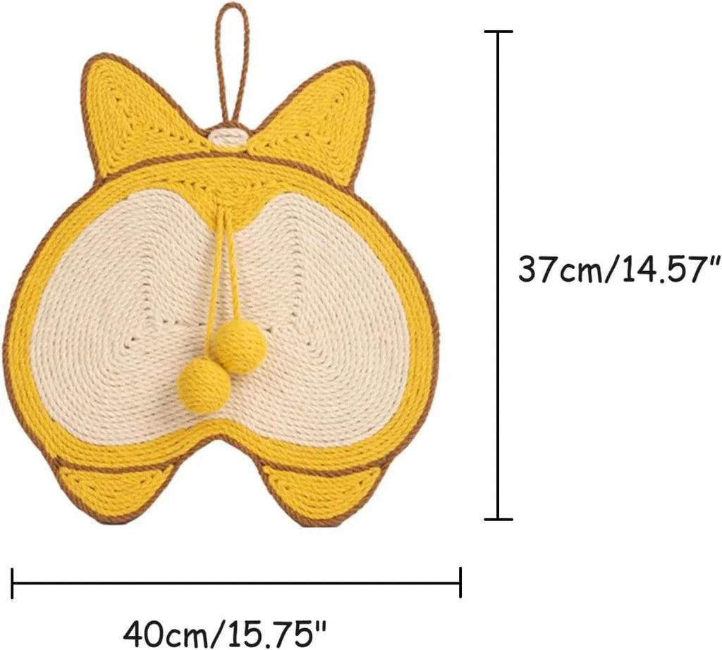 Yellow Corgi design sisal cat scratching board with anti-slip base, shown with adhesive hooks