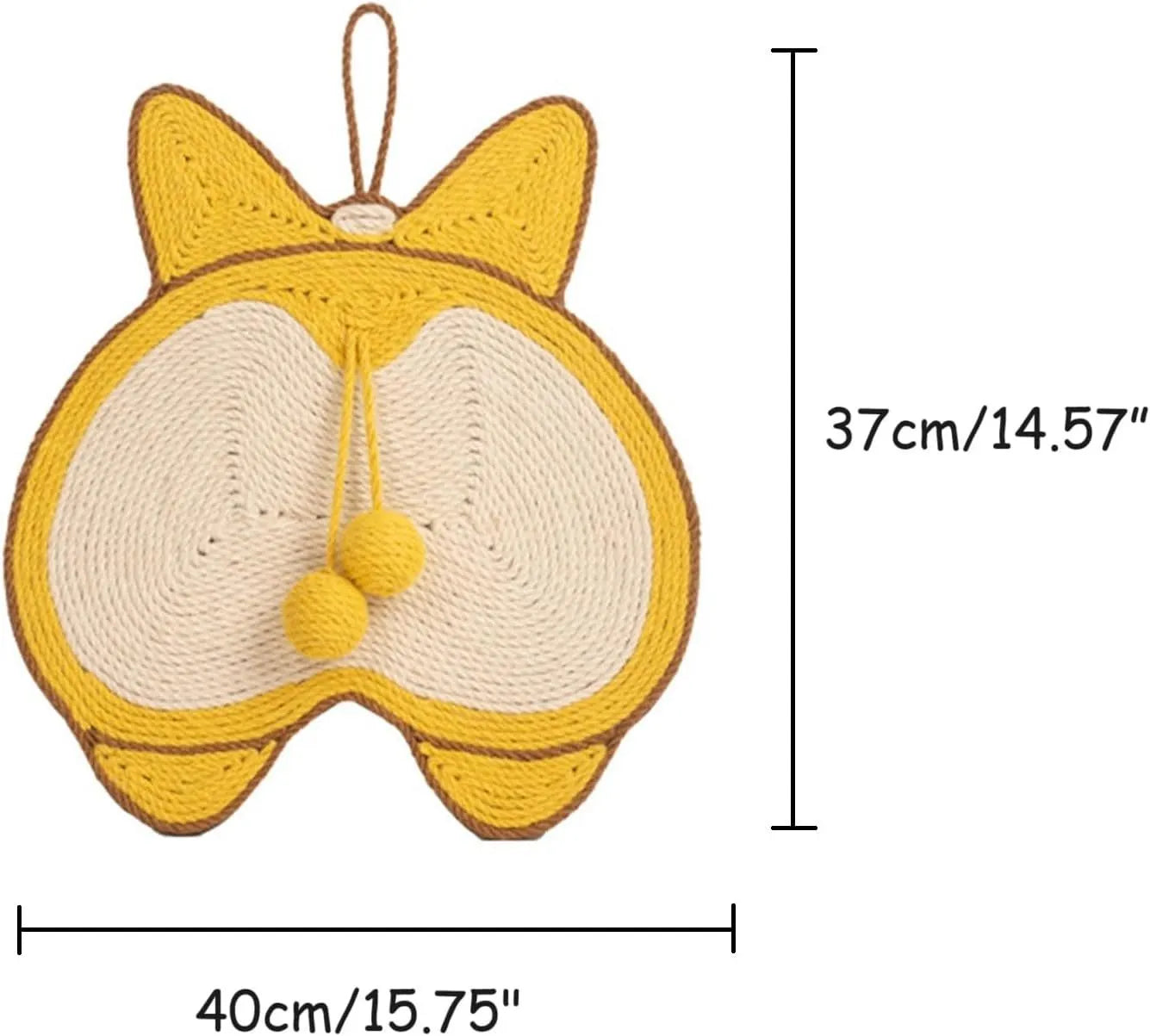 Yellow Corgi design sisal cat scratching board with anti-slip base, shown with adhesive hooks