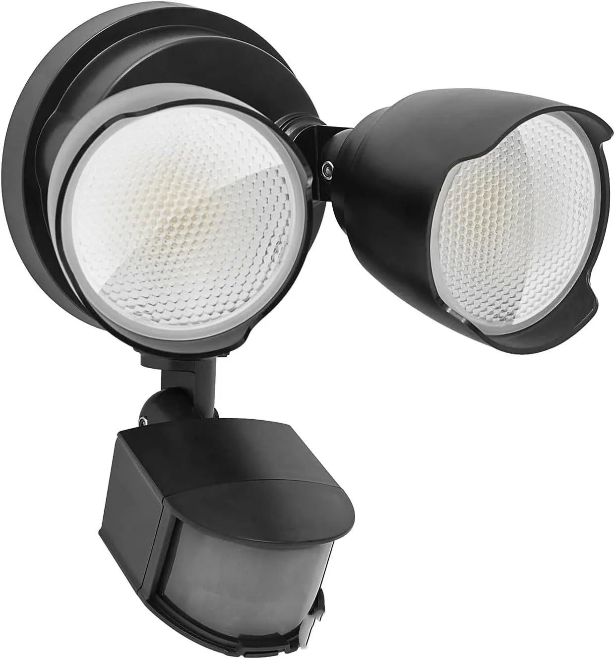 White outdoor LED security flood light with motion sensor mounted on a wall beside a garage door.