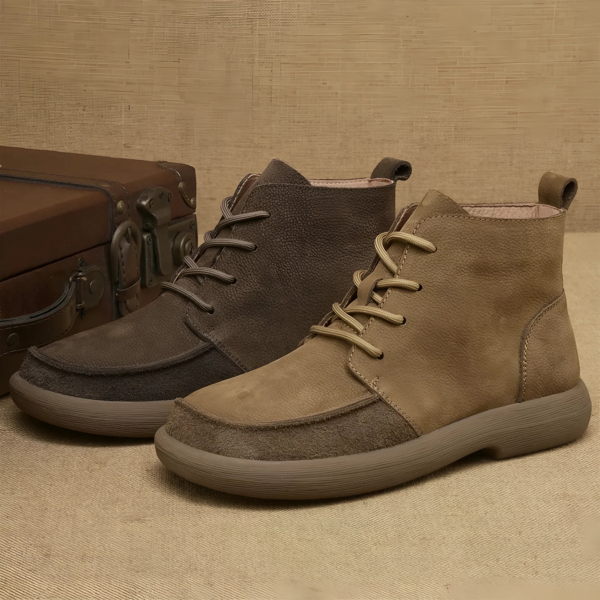 Men's grey genuine leather Martin boots with lace-up front and wedge heel on a textured background.