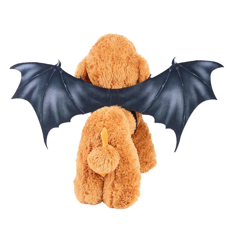Black cloth bat wing Halloween costume shown on a pet, available in 40cm, 55cm, and 64cm wing sizes.