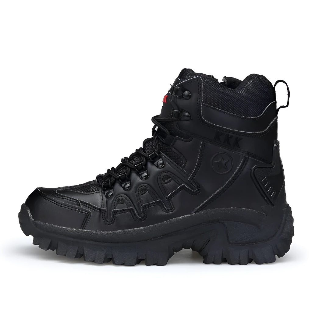 Men's black tactical boots with rubber sole for hiking and outdoor activities.