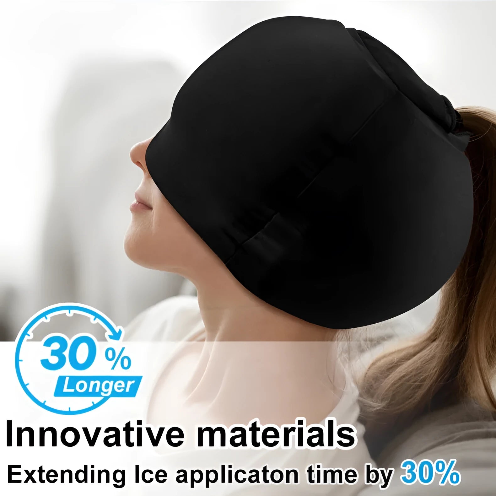 A solid colour cold compress cap with a fully enclosed design for head cooling.