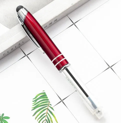 Red metal capacitive stylus ballpoint pen with LED light and bullet tip