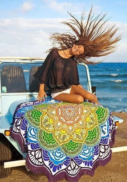 Round 150cm printed tassel yoga mat and beach towel in retro ethnic design with colour options