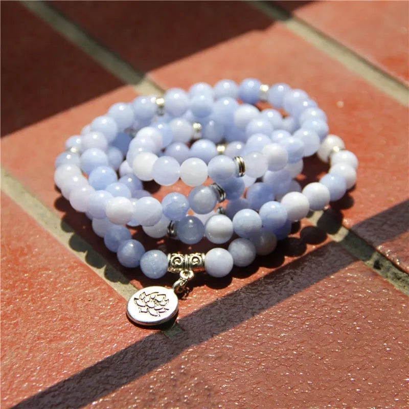 Natural stone angel echeveria bracelet in geometric shape with lotus detail on a white background.
