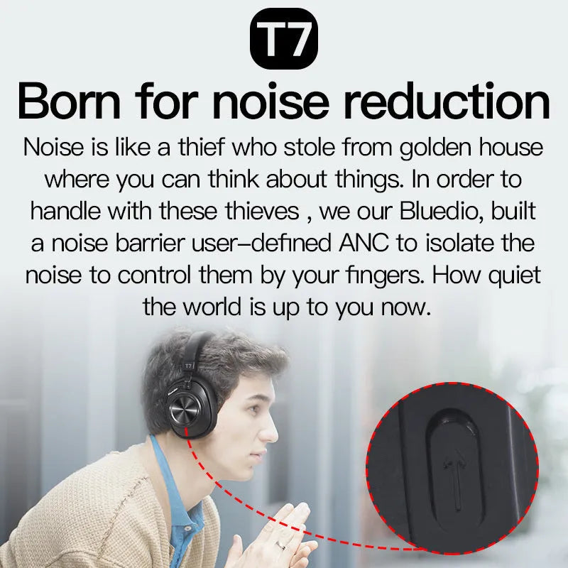 T7 Bluetooth wireless headset in black with adjustable headband and foam ear cushions