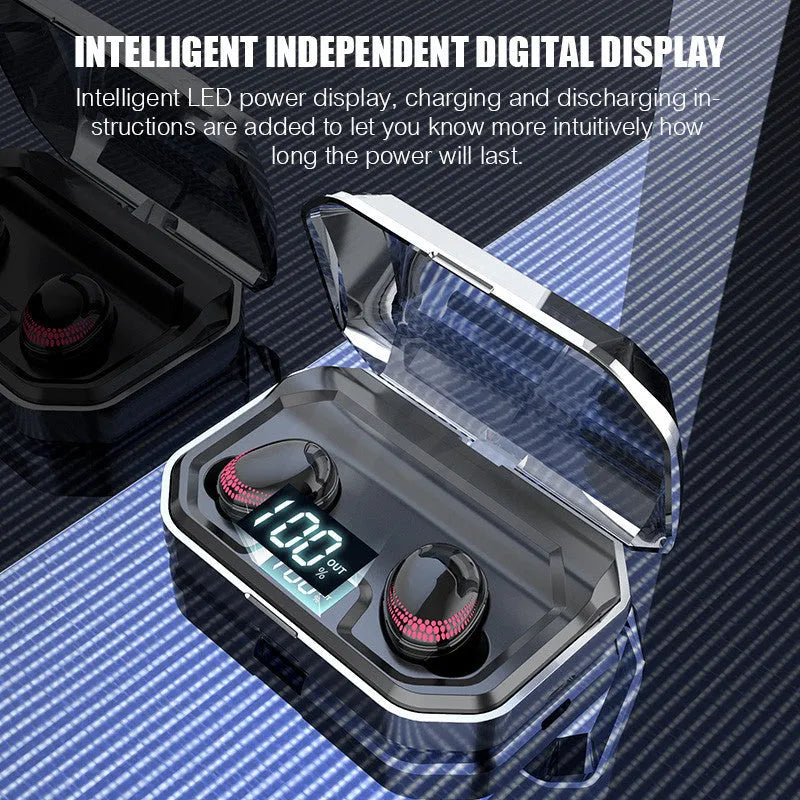 Black Bluetooth wireless headset with its compact rectangular charging case.
