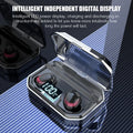 Black Bluetooth wireless headset with its compact rectangular charging case.