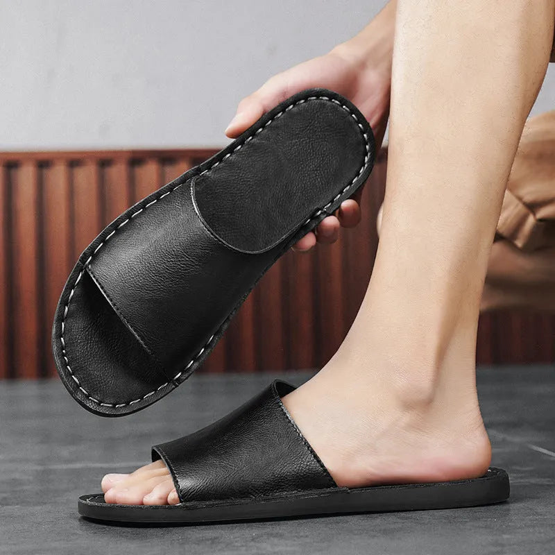 Men's brown leather casual sandals with rubber sole for outdoor spring and summer wear