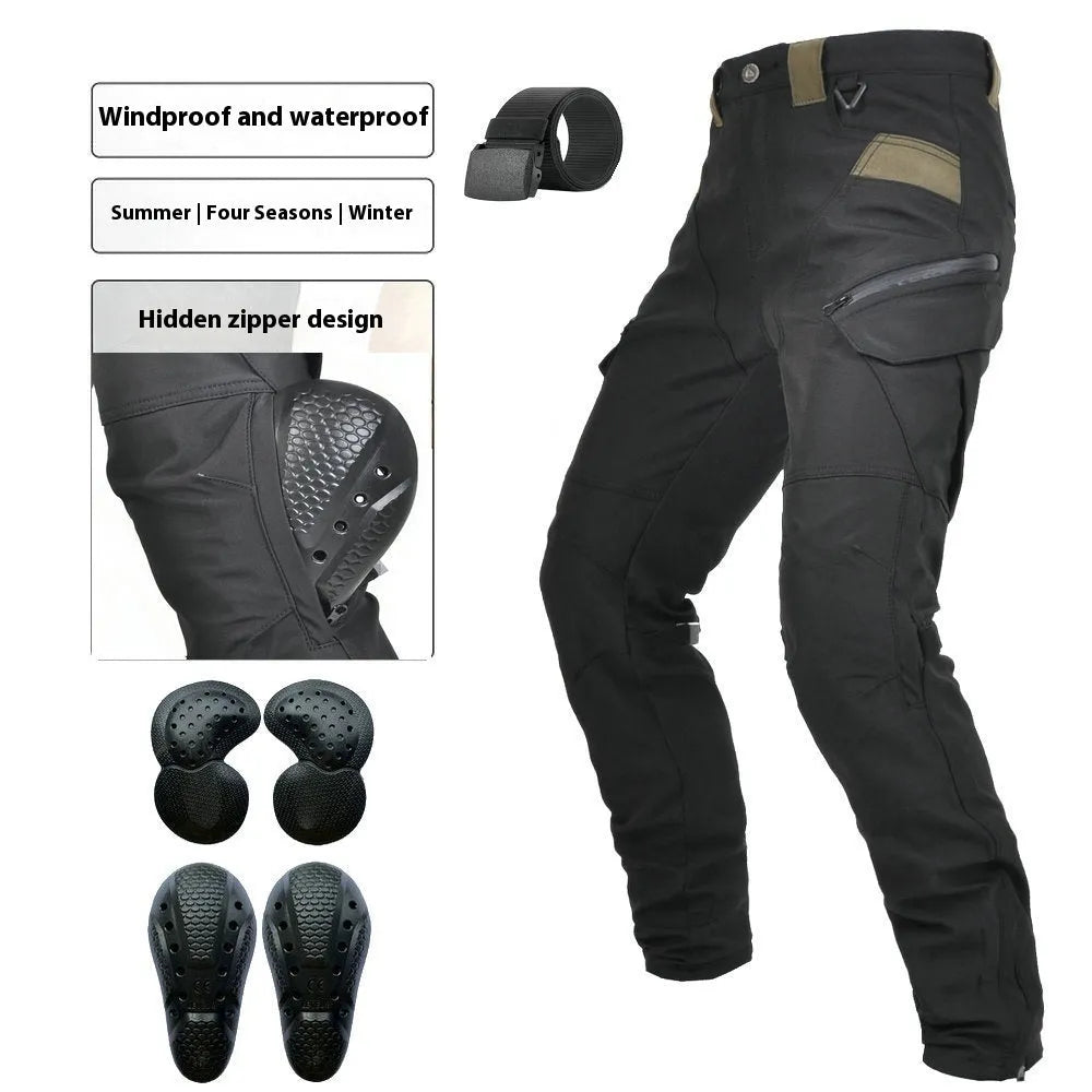 Men's black and green waterproof motorcycle cycling trousers with belt and protective gear.