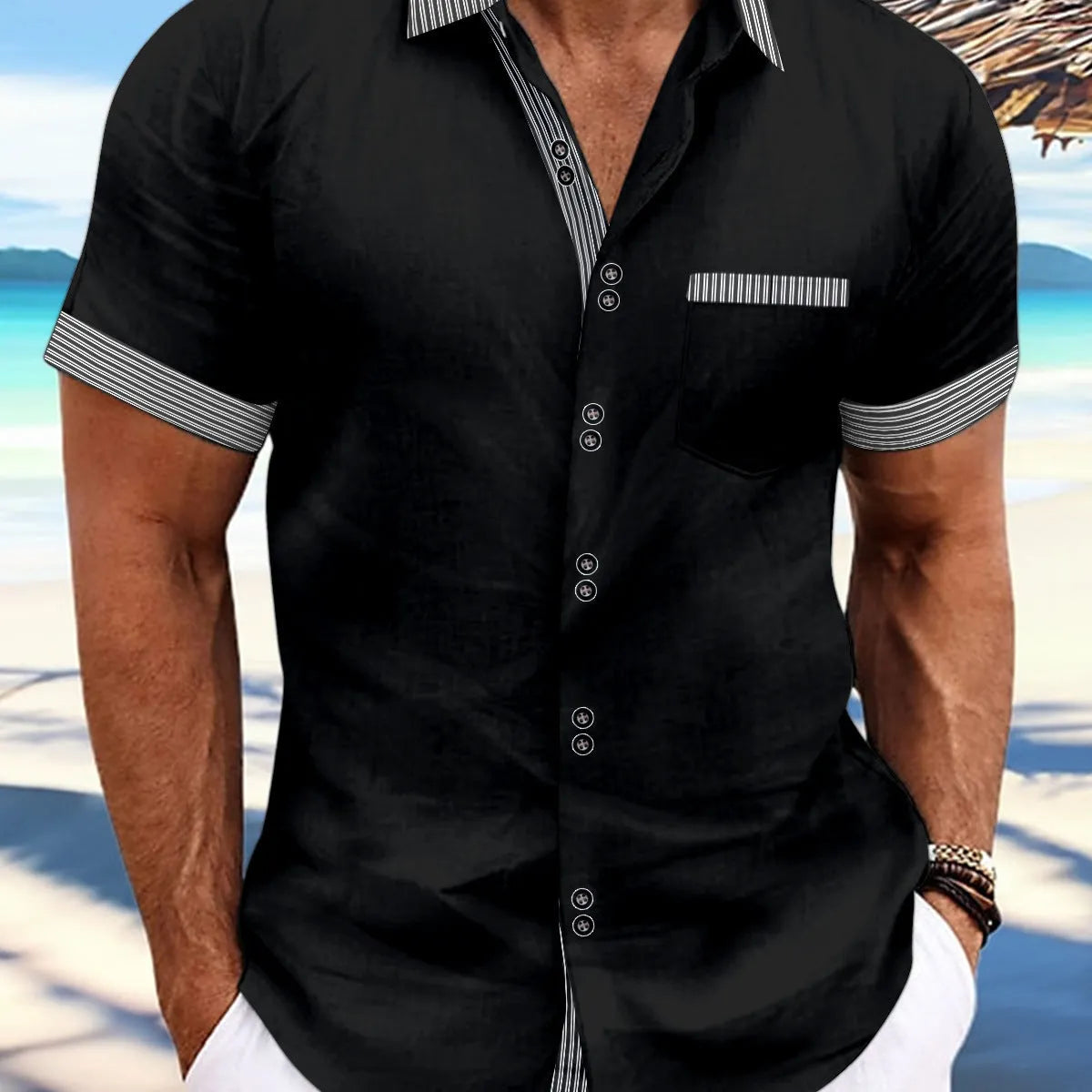Men's slim fit pure cotton striped casual short sleeve shirt on a hanger