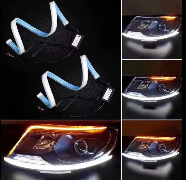 60cm ultra-thin car LED tear light guide strip in white yellow two-colour mode on a dark background