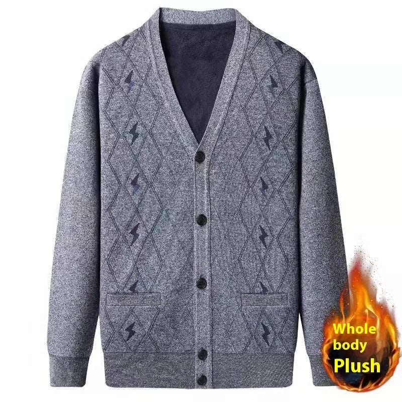 Middle-aged man wearing grey batwing sleeve cardigan with velvet lining for autumn winter casual wear