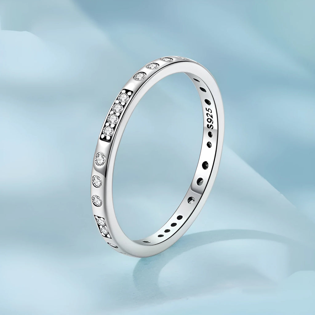 Moss Password I Love You silver alloy ring with oxidised black finish, shown in women's sizes.