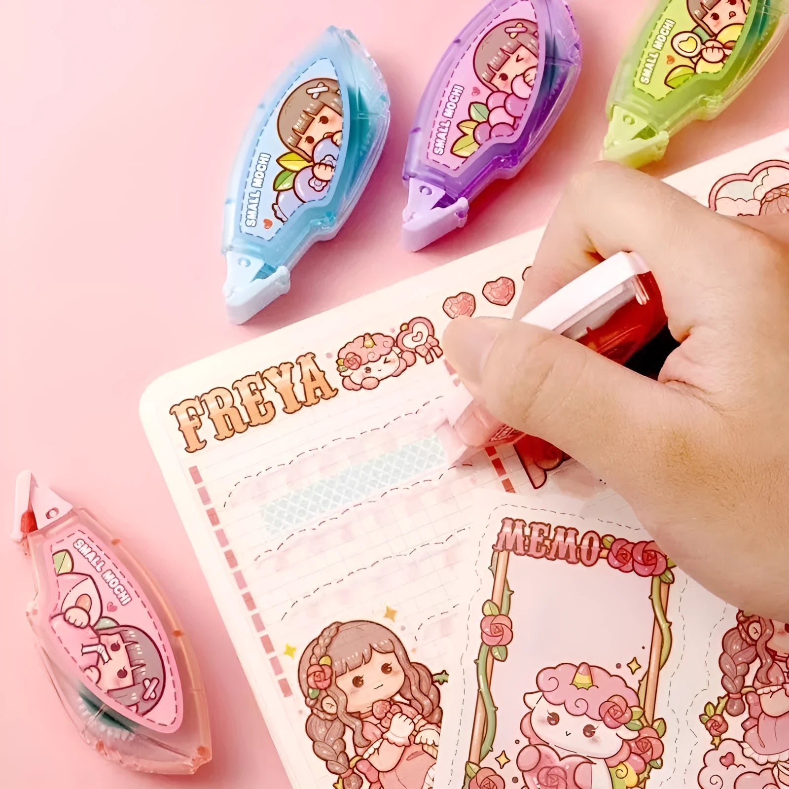 Cute plastic dotting glue in peach juice colour on a card, part of a five-colour traceless adhesive set.
