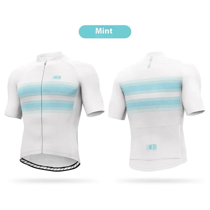 Short-sleeve cycling jersey top in polyester with moisture wicking for mountain and highway bike rides